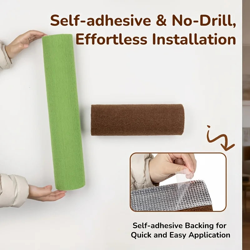 A green cylindrical self-adhesive mount for a cat scratcher, shown next to a brown backing piece.