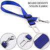 Blue nylon fabric pet car safety harness with a metal seat belt clip and buckle.