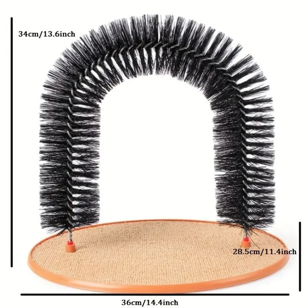 A black interactive cat grooming and massage brush toy with a curved handle and a flat base.