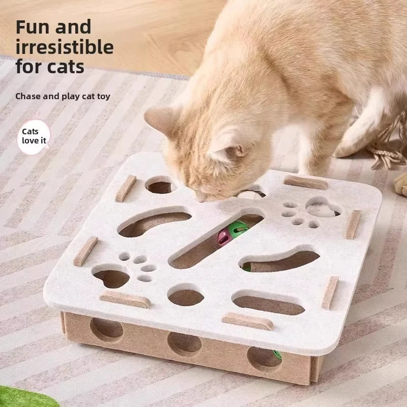 A light beige felt puzzle toy for cats is shown with a cat interacting with it.