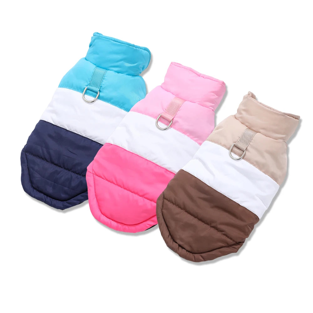 Padded windproof dog vest with a D-ring featuring horizontal stripes of blue, white, pink, and brown.