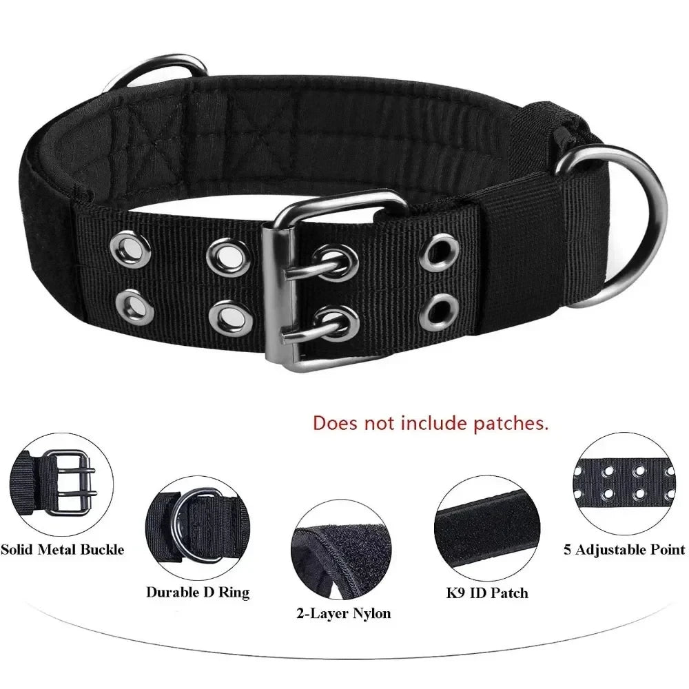 Black heavy-duty tactical dog collar with a silver buckle and adjustable D ring.