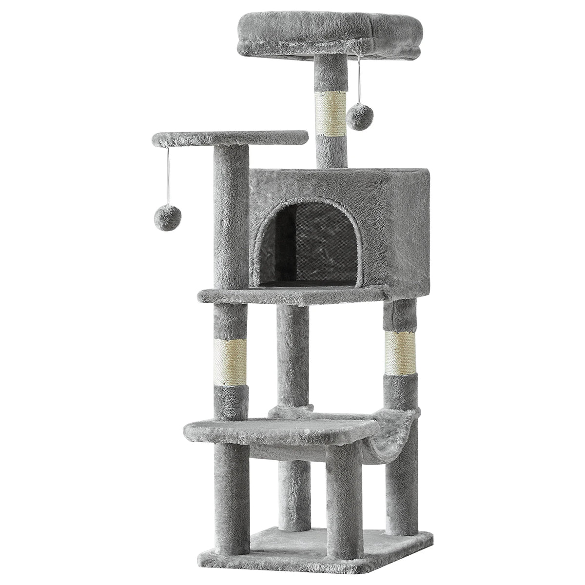 Tour d'escalade à plusieurs niveaux pour chats, avec perchoire supérieur, tunnel d'entrée et multiples plateformes intérieure