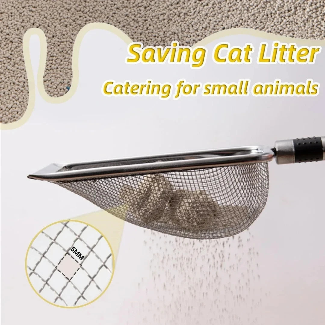 Stainless steel cat litter scoop with a fine mesh filter for small animals