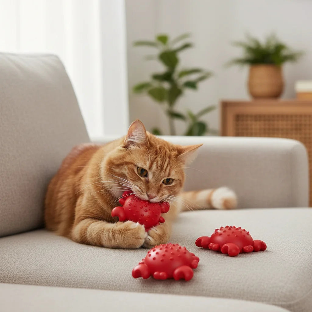 An orange tabby cat is resting on a sofa with a red squeaky chew toy for dogs nearby.