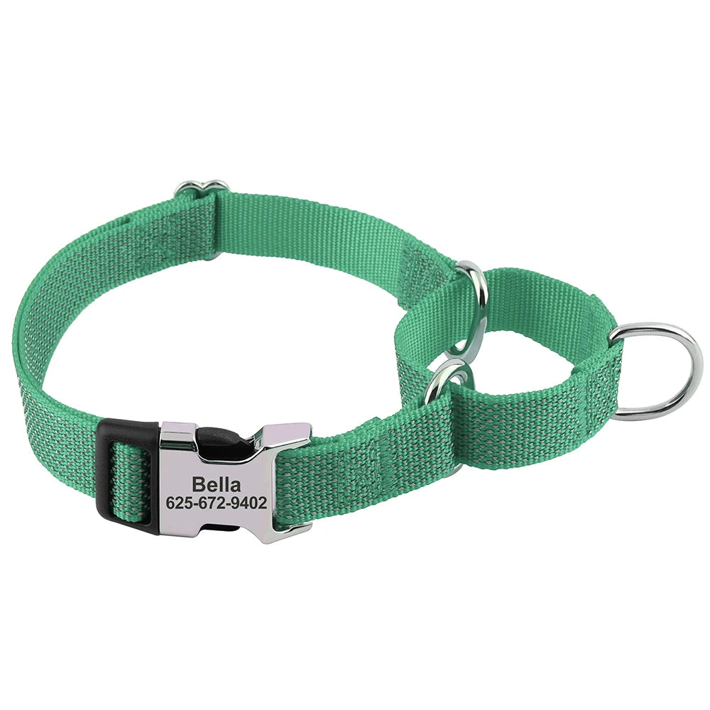 Green reflective martingale dog collar with an engraved metal buckle.