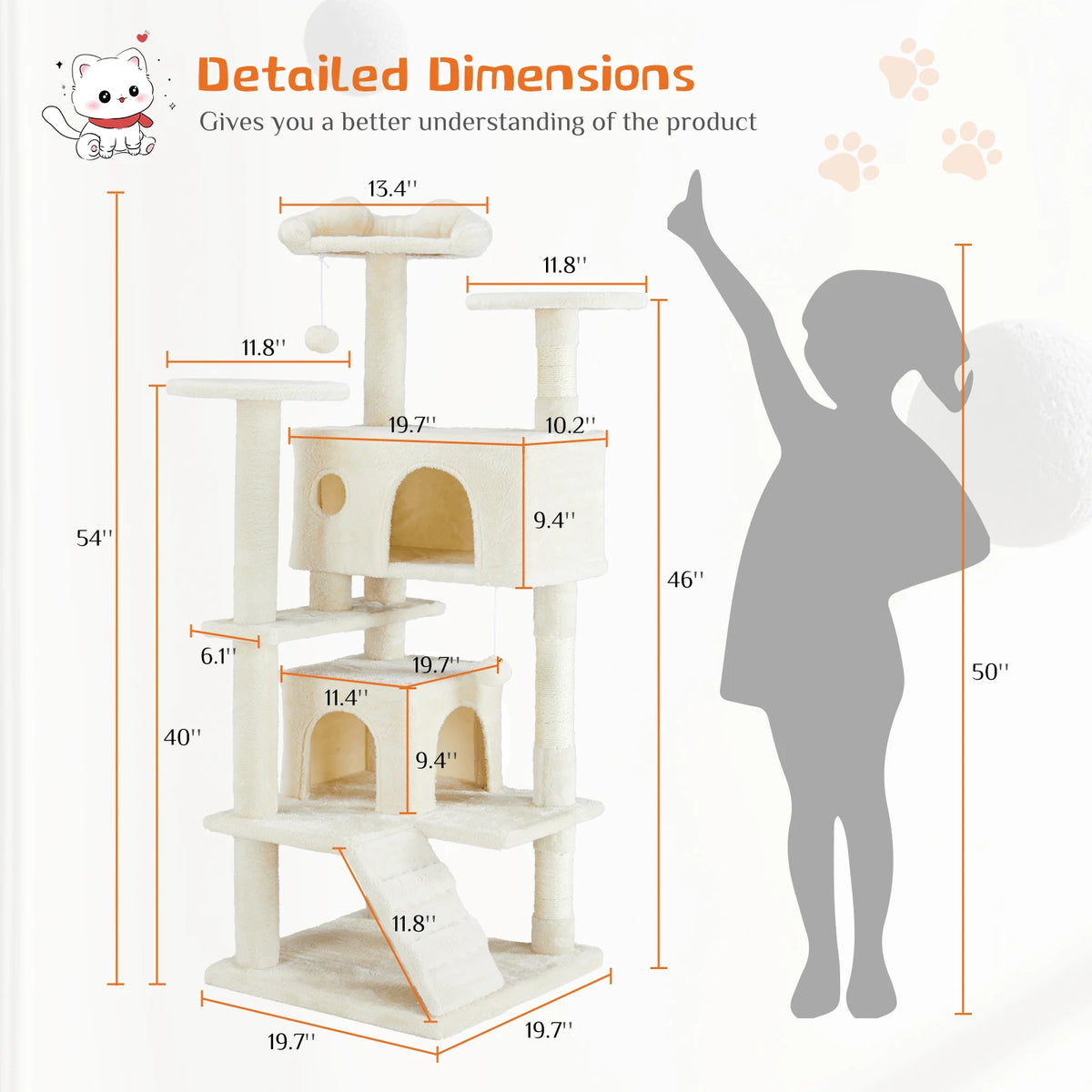 Detailed dimensions of a multi-level cat tree showing various heights and measurements.