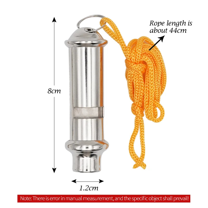 Edelstahl-Trainierpfeife mit Seil, 8 cm lang und 1,2 cm Durchmesser.
