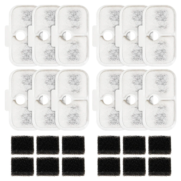 A set of twelve white replacement filters for a PETLIBRO Dockstream cat water fountain, shown alongside several black filter 