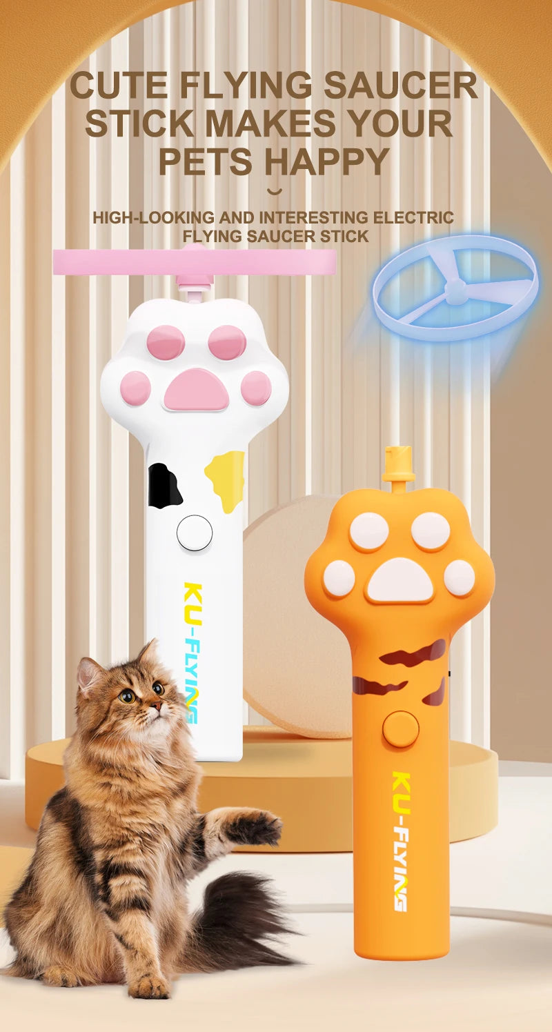 An orange electric flying saucer stick toy is shown next to a tabby cat, demonstrating its use for pets.