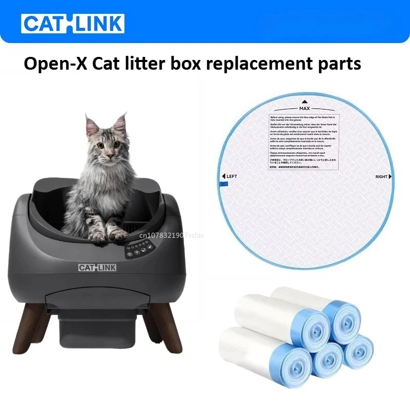 Schwarze CAT-LINK Katzentoilette mit mehreren weißen wiederverwendbaren Einlagen neben einer Anleitung.
