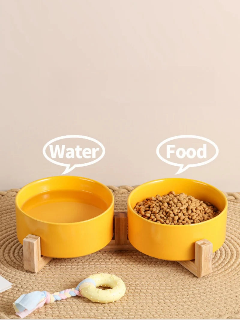 Elevated Ceramic Pet Bowl with Wooden Stand