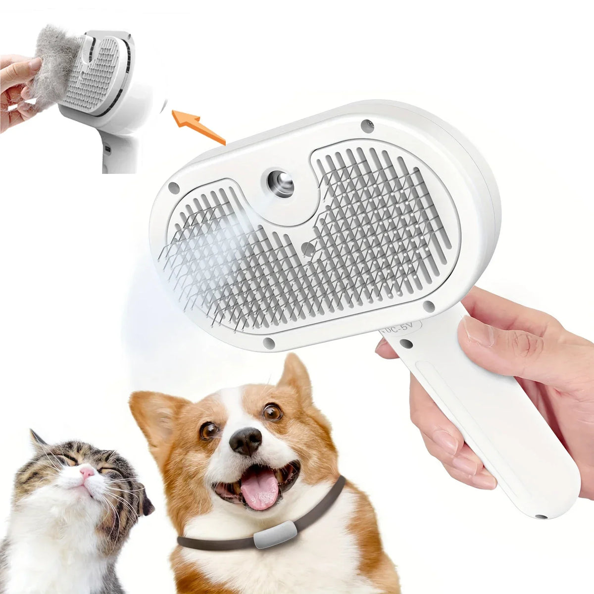 A white steam pet grooming comb is shown being used on a dog and a cat.
