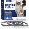 A pack of gray calming collars for cats and dogs displayed next to a cat.