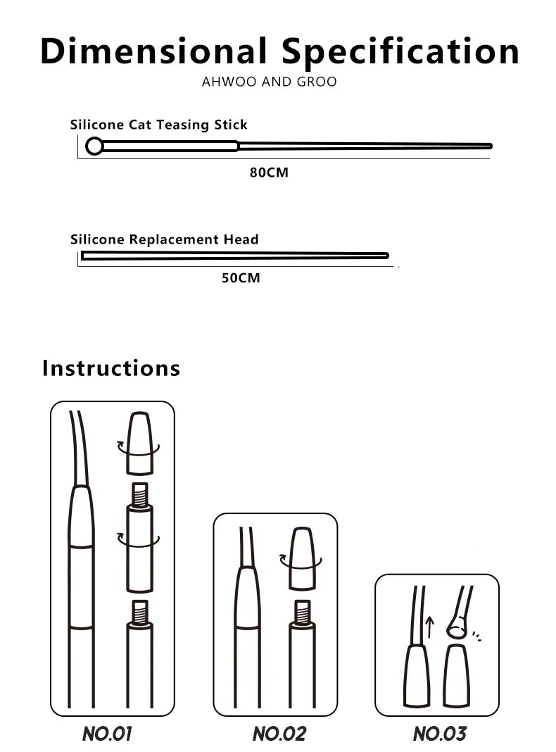 Dimensional specification diagram showing silicone cat teasing stick, replacement head, and three numbered components.