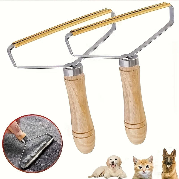 A two-pack pet hair remover tool with wooden handles and metal frame, shown next to various pets.