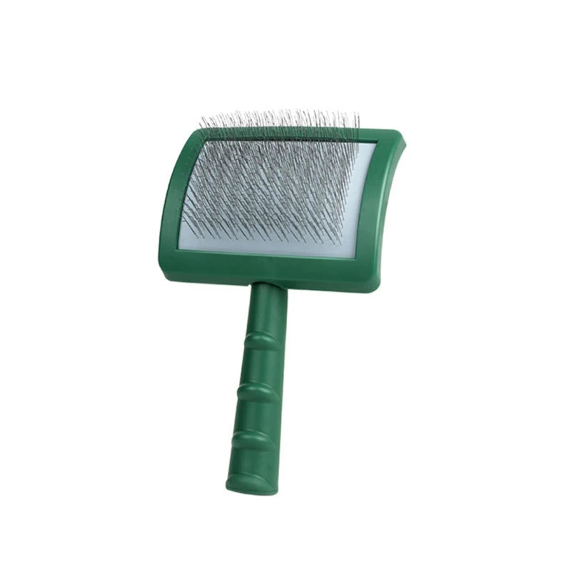 A green slicker brush with long, thin bristles for grooming large dogs.