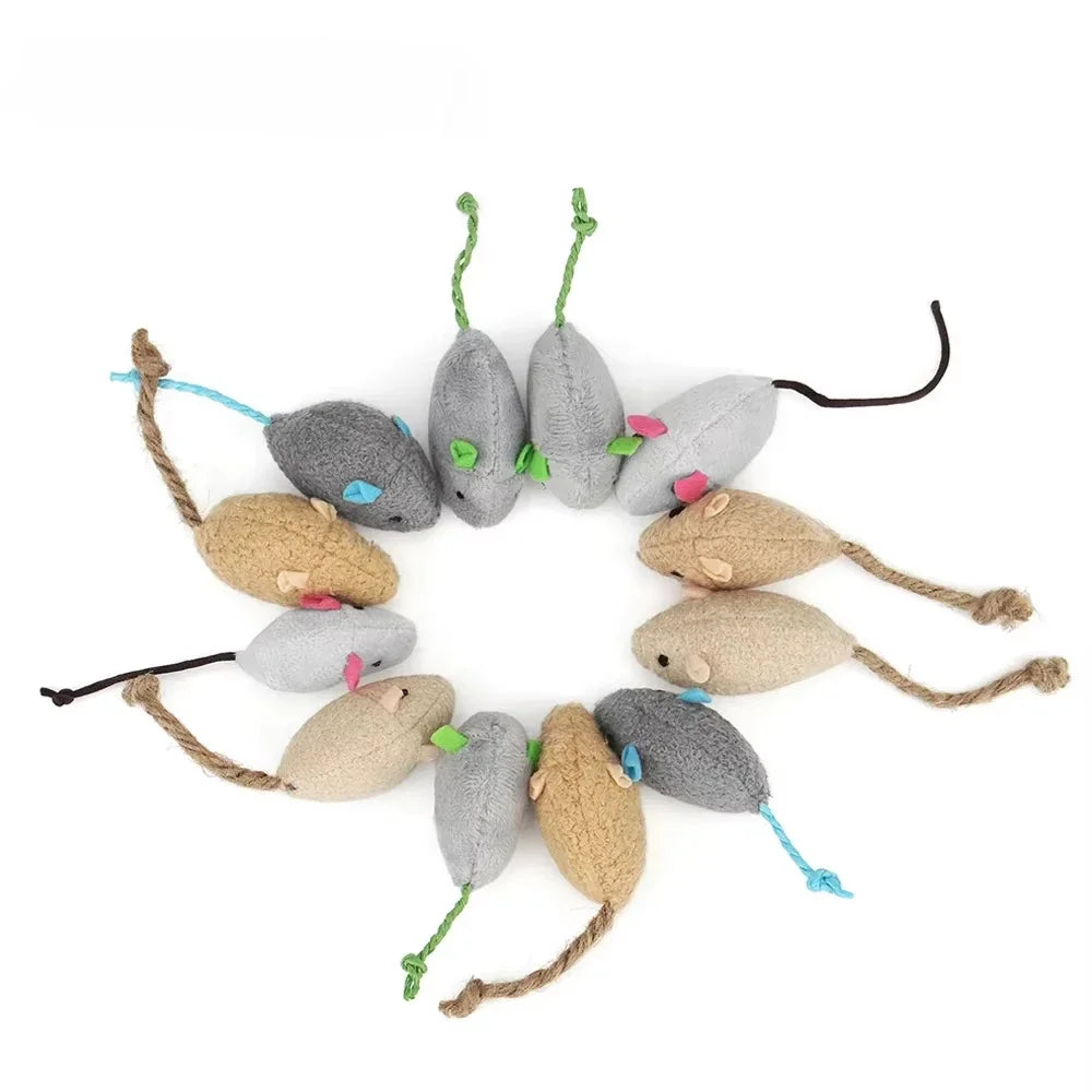 A set of five gray and tan catnip-filled plush mice toys with rattles arranged in a circle.
