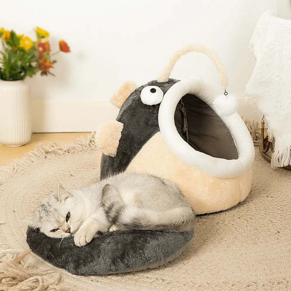 Cozy Cave Cat Bed with Lantern Fish Design