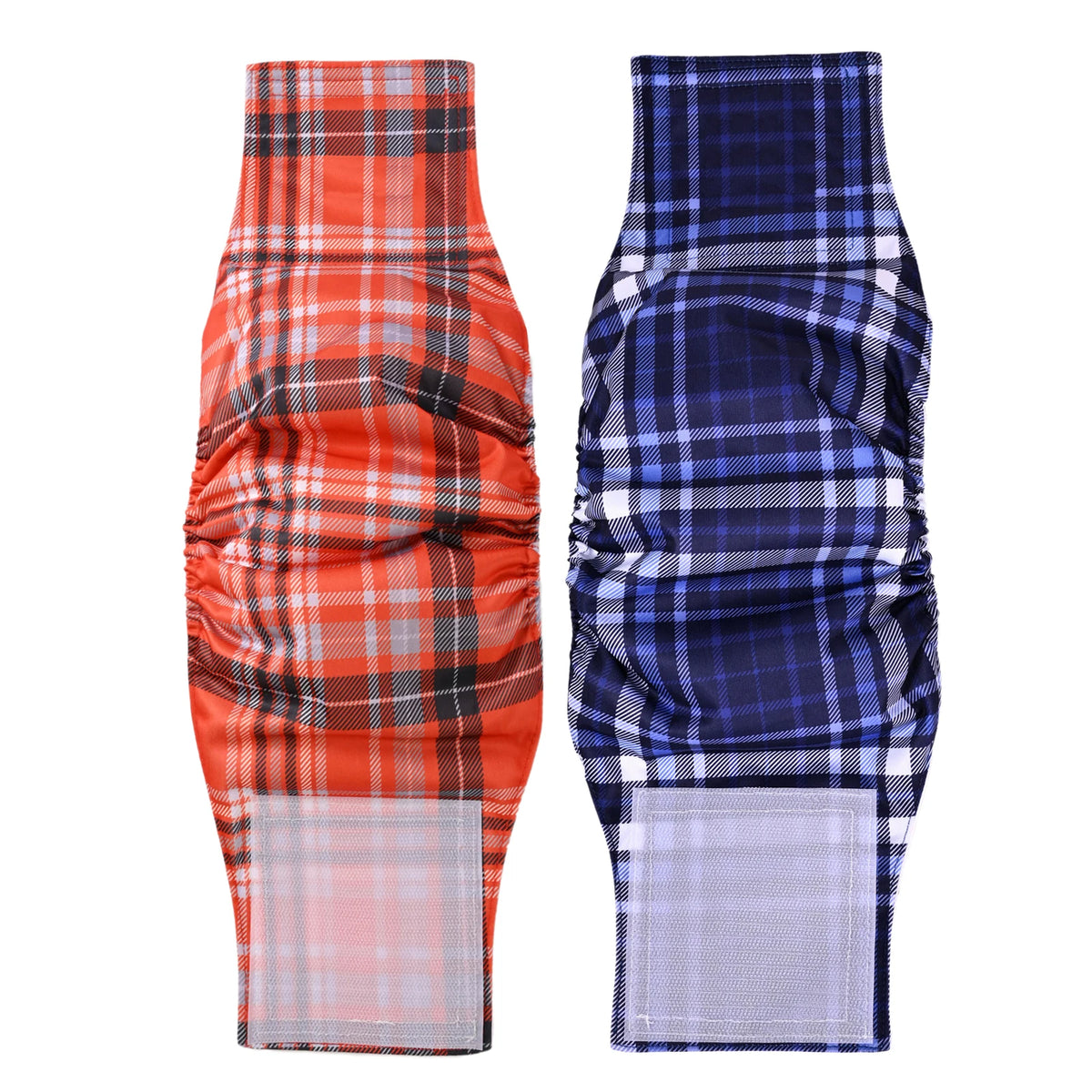 A pair of reusable adjustable belly bands for male dogs, one in orange plaid and one in blue plaid.