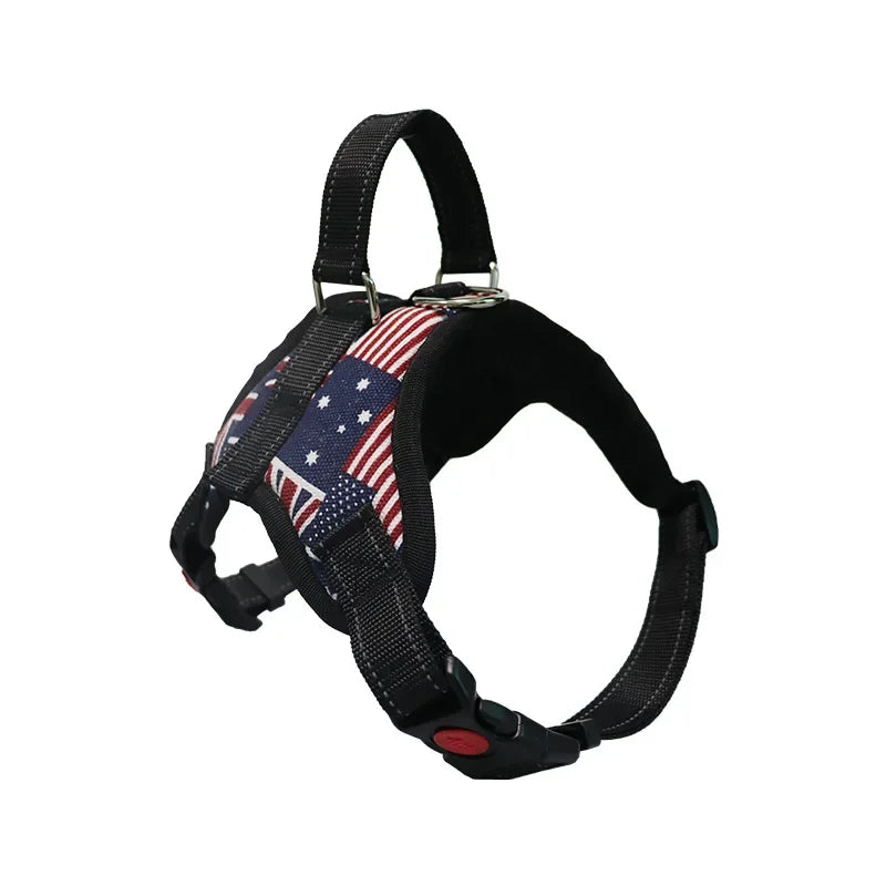 Black dog harness with red, white, and blue patriotic stitching and a metal clip.