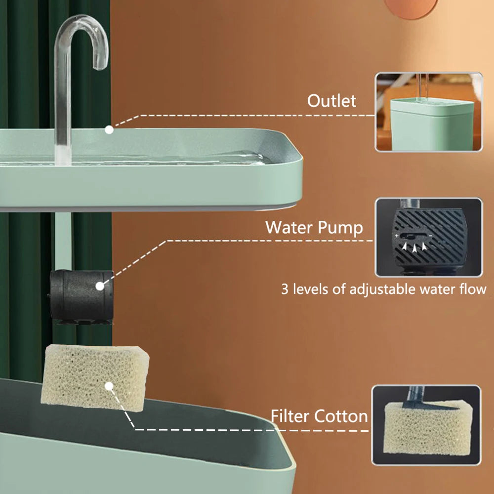 A close-up view of a pet water fountain showing the outlet, water pump, and filter cotton component.