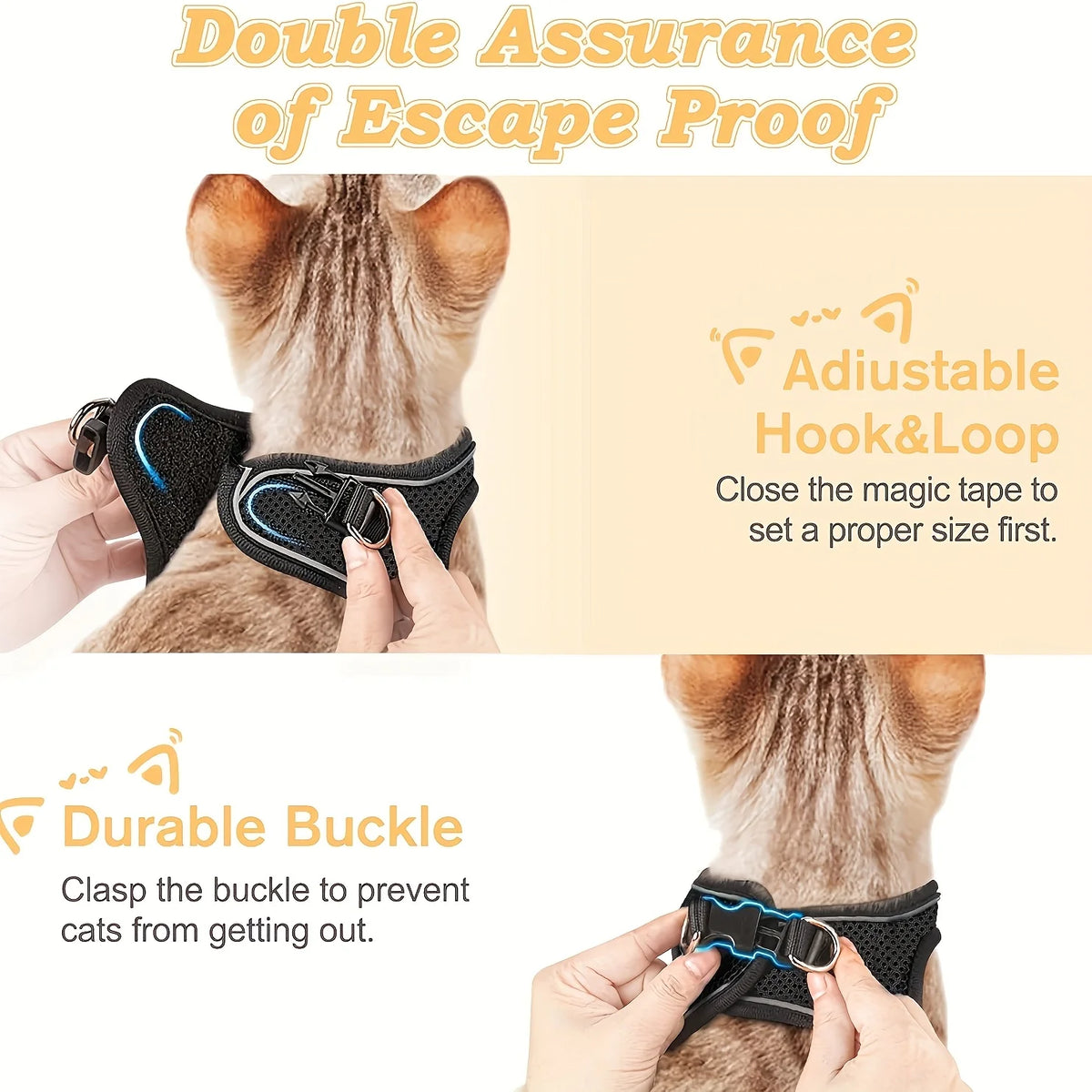 A close-up of a black escape-proof dog harness being fitted onto a cat, showing an adjustable hook and loop closure.