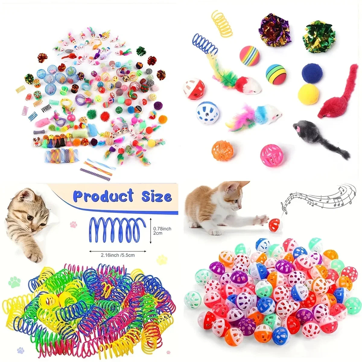 Assorted colorful cat toys including mice, balls, and string toys for feline fun