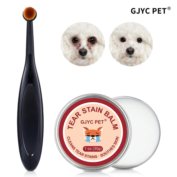 Un outil de toilettage et une boîte de baume anti-tears pour animaux, à côté du visage d'un chien.
