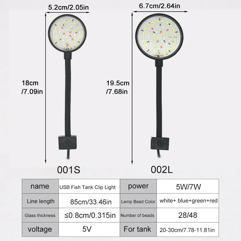USB Fish Tank Clip Light with 5W/7W power and various bead configurations