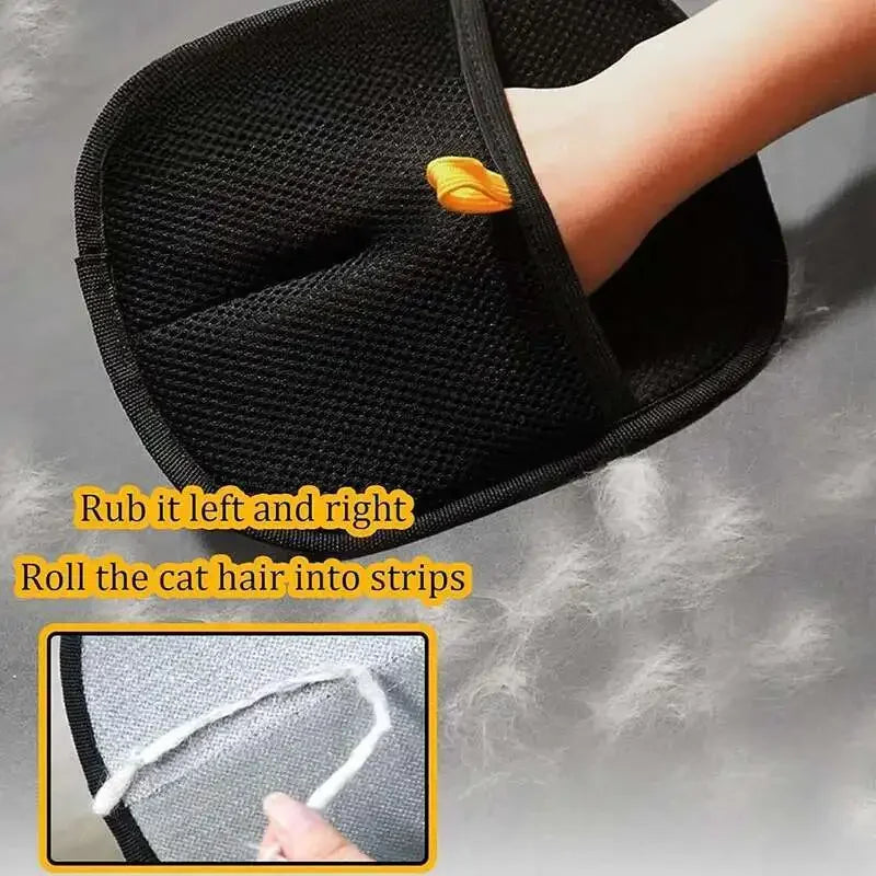 A hand is using a black reusable pet grooming glove to rub cat hair into strips.