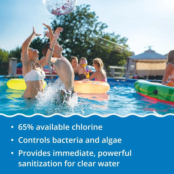 People are swimming in a pool with clear water, and a granular water treatment sanitizer is visible.