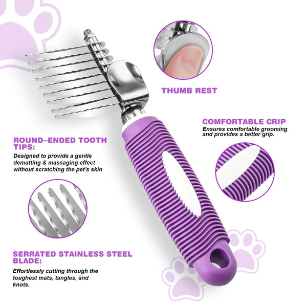 A purple pet grooming tool featuring a serrated stainless steel blade and a thumb rest for dematting mats and tangles.