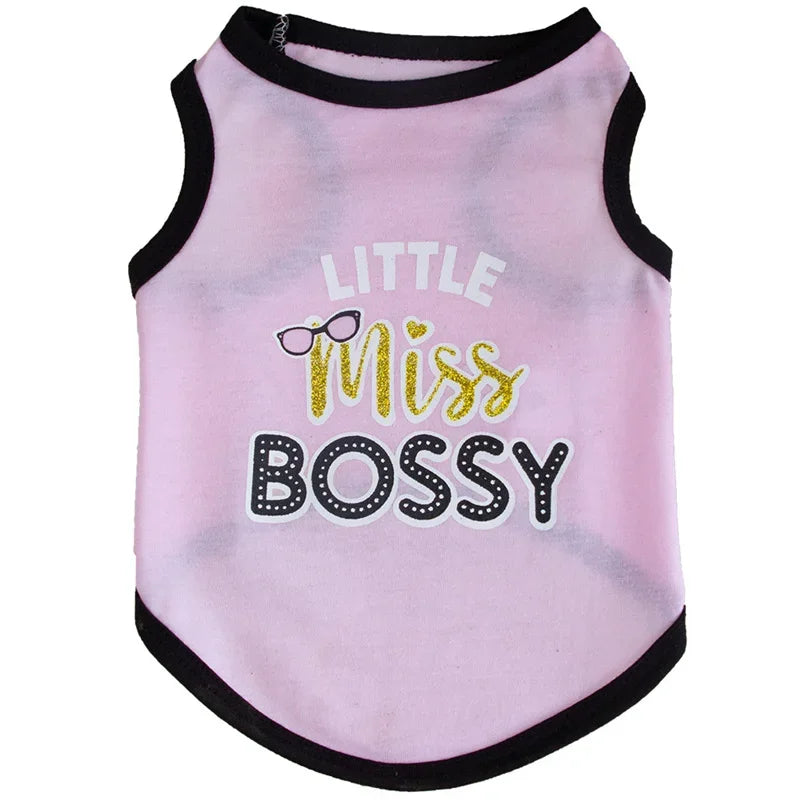 Pink sleeveless dog vest with the text Little Miss Bossy printed on it