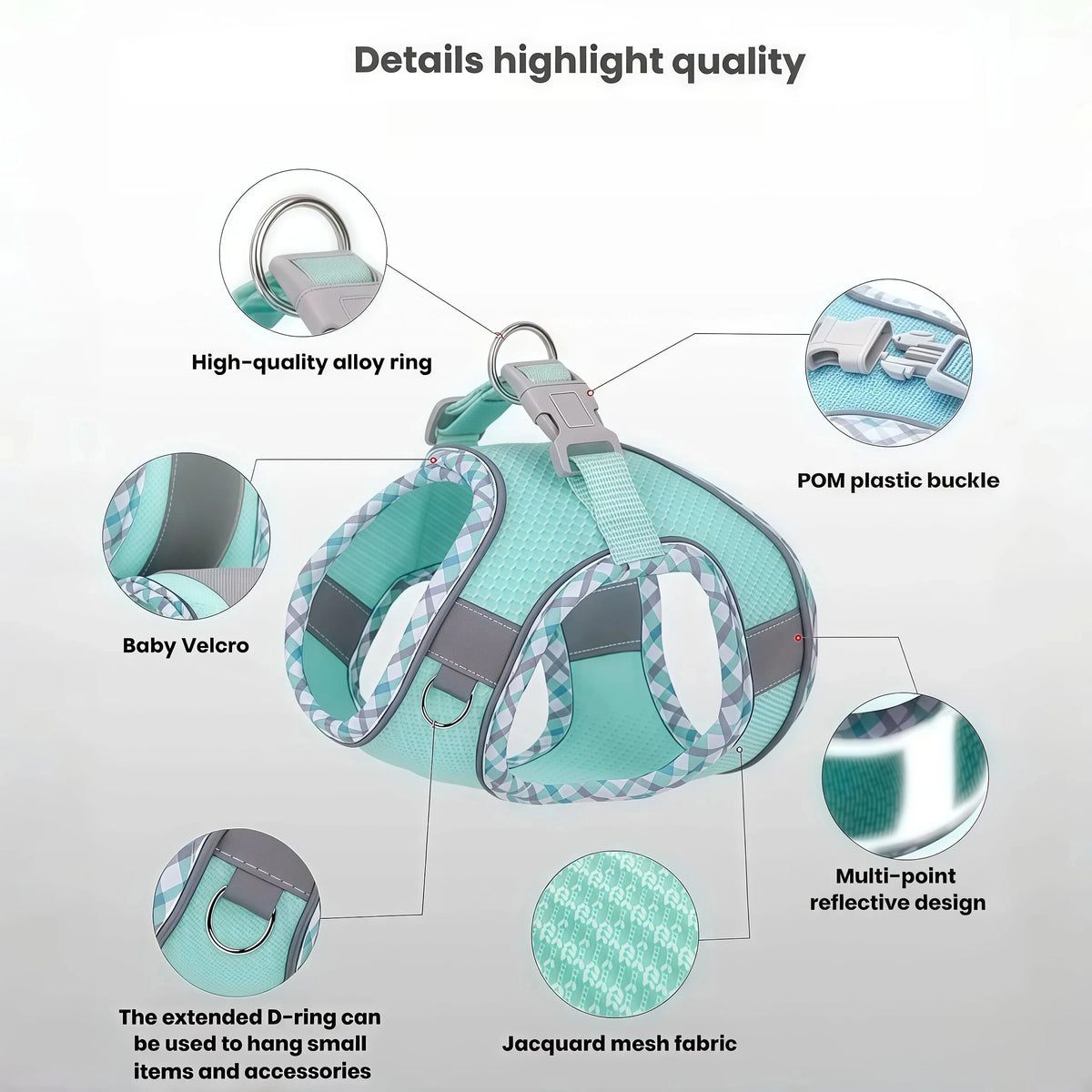 Details of a light blue and gray reflective dog harness featuring alloy rings, Velcro, and jacquard mesh fabric.