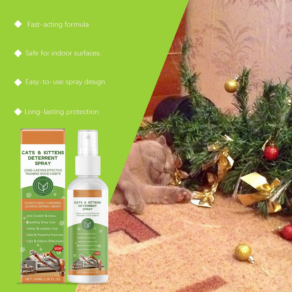 Una botella de spray repelente para gatos y gatitos junto a una decoración festiva verde y dorada.
