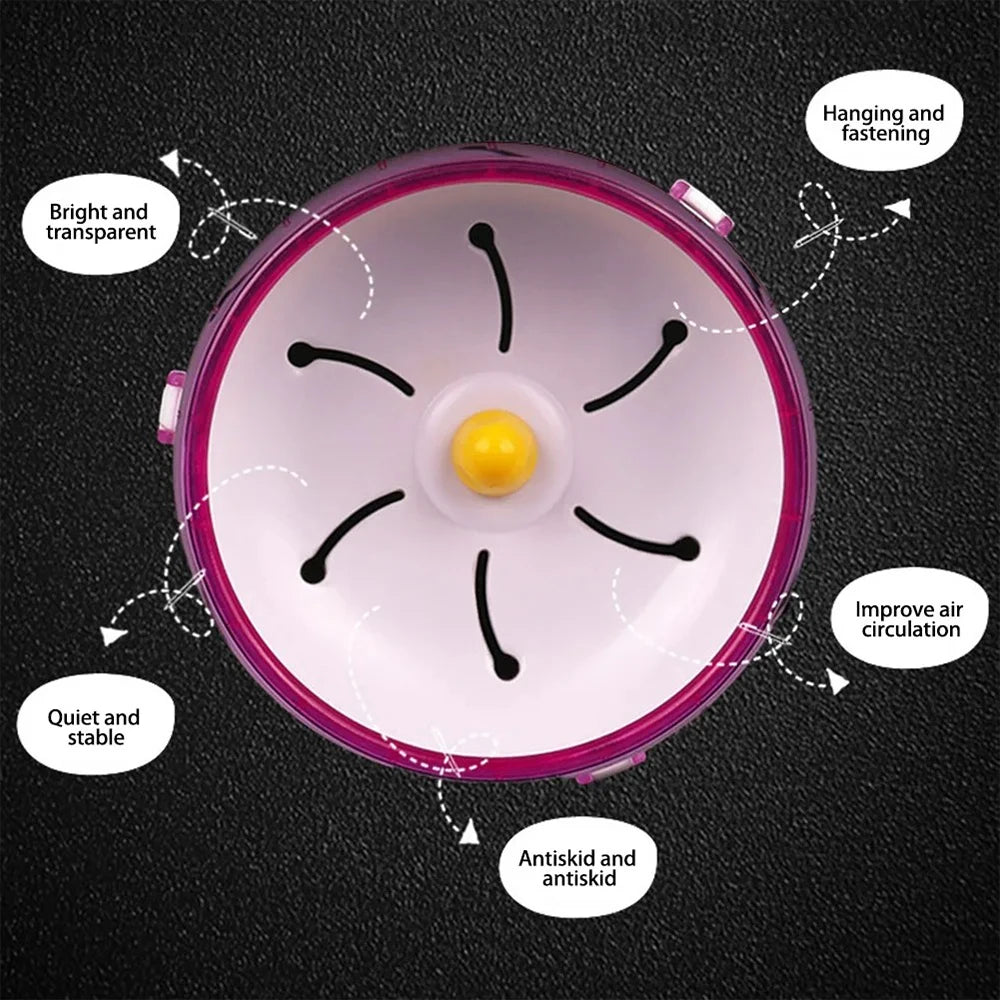 Disque de hamster en acrylique rose avec un centre jaune, conçu pour être suspendu et améliorer la circulation de l'air.