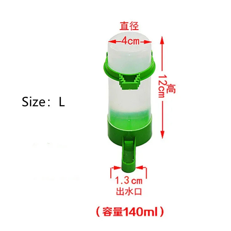 A clear and green clip-on bird feeder and waterer set with a 4cm height and a 1.3 cm water outlet.