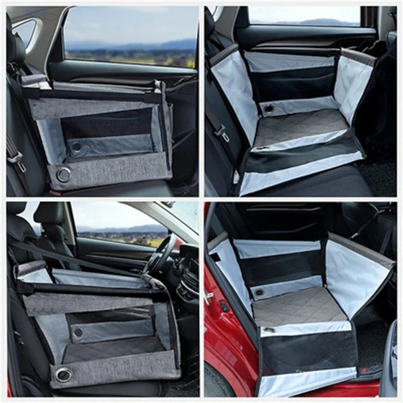 Porte-chien étanche portable installé dans une voiture, montrant diverses vues intérieures et son déploiement.