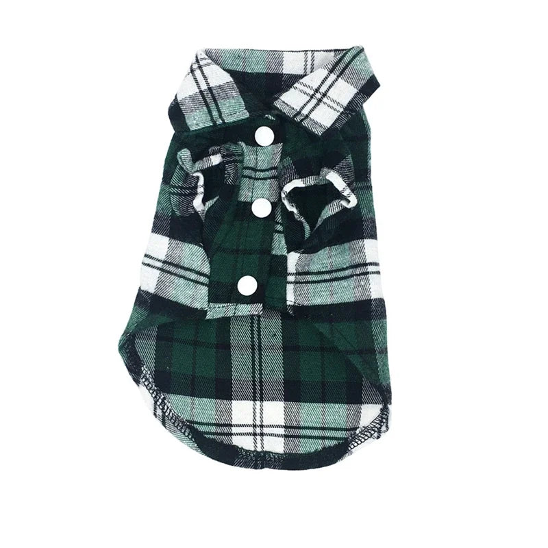 A dark green and white plaid vest for a small pet.