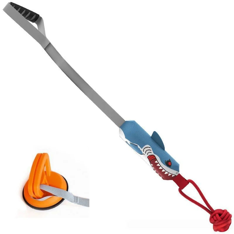 A gray and blue interactive shark rope tug toy with a suction cup attachment for dogs.
