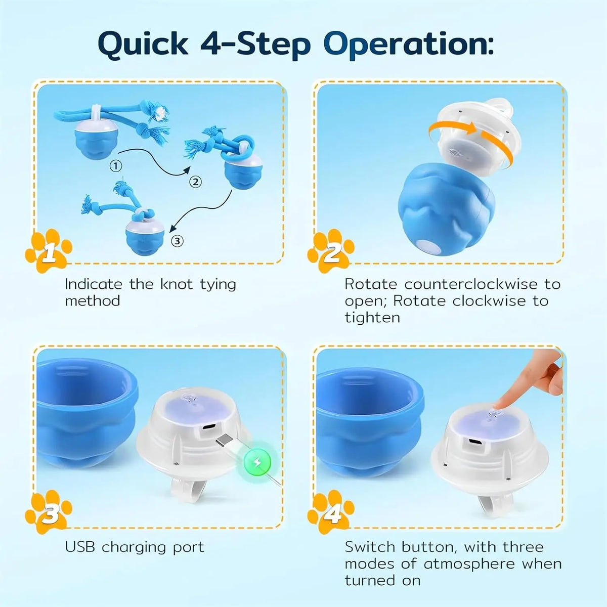 A four-step operation guide showing how to use an interactive rolling dog ball with ropes and LED modes.