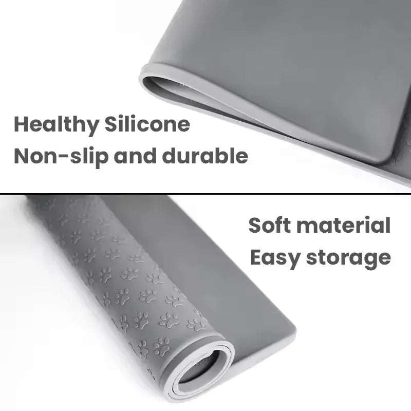 Gray silicone pet feeding mat rolled up showing its non-slip and durable features