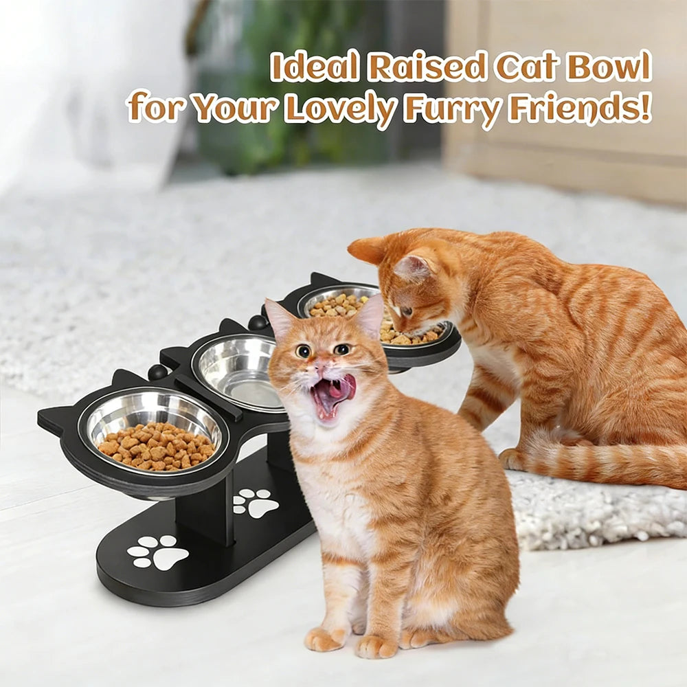 An orange tabby cat sits next to an elevated cat bowl stand with three stainless steel bowls for feeding.