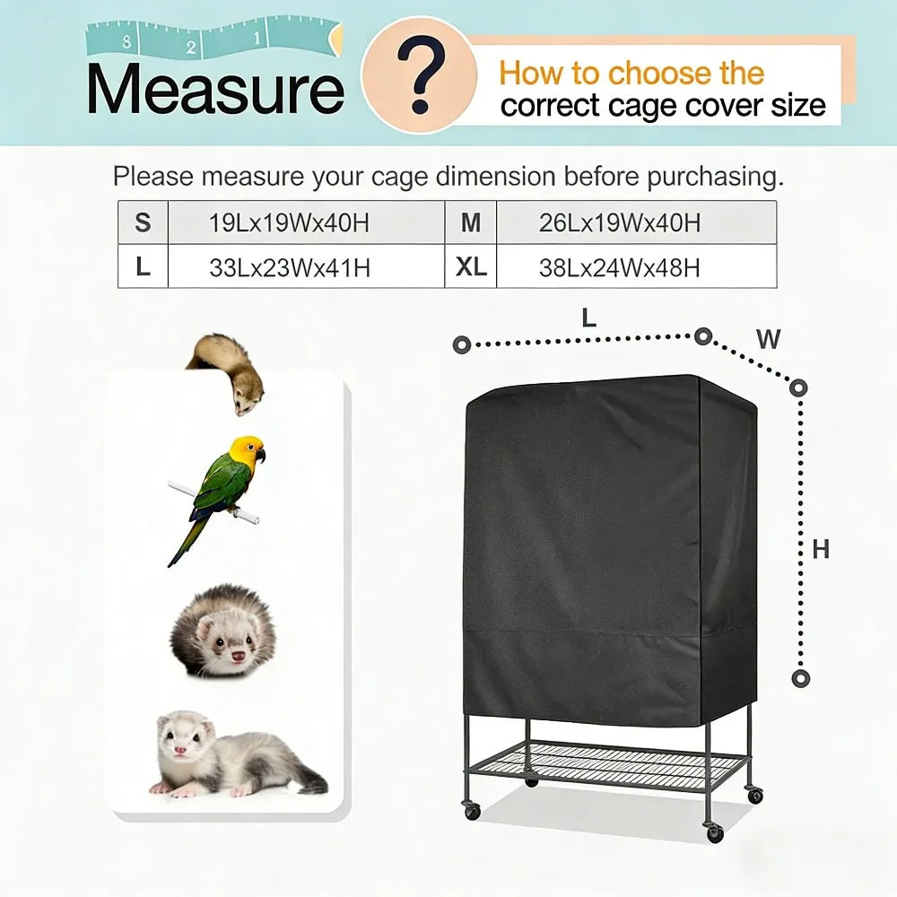 Guide showing how to choose the correct cage cover size for various bird species and cage dimensions.
