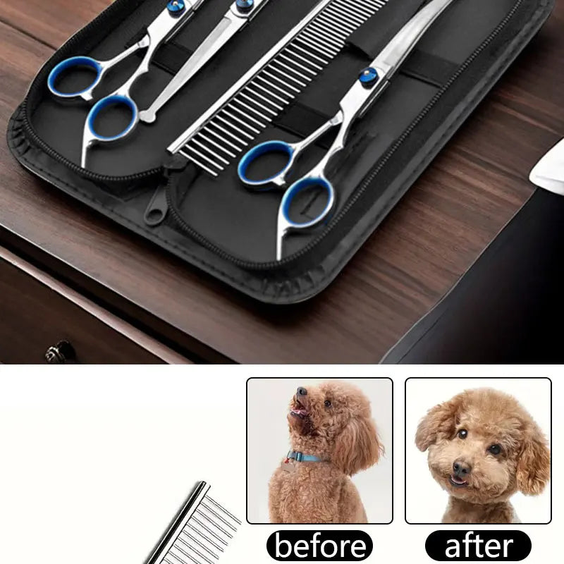 A set of professional stainless steel pet grooming scissors and a comb displayed in a black case.