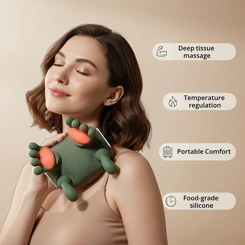 A woman is using a green silicone massager on her neck and shoulder for deep tissue massage and temperature regulation.