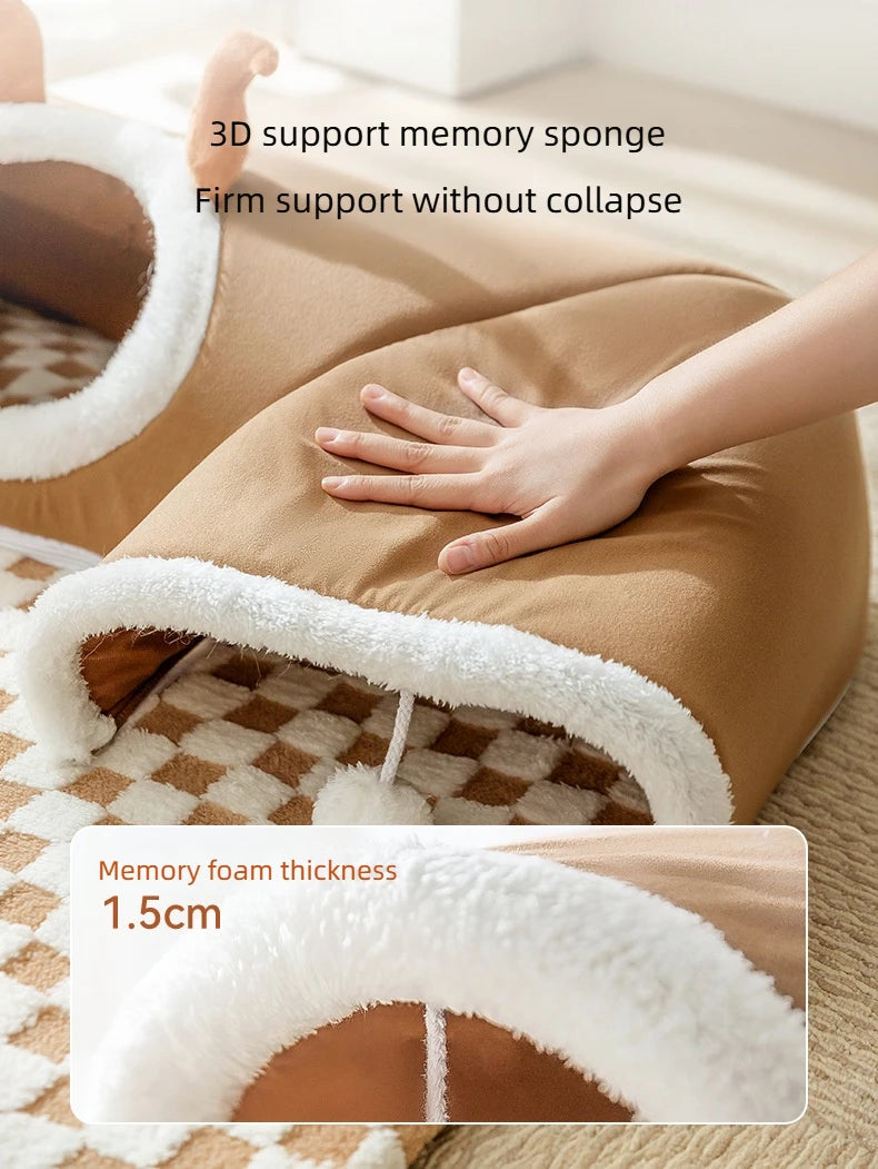 A brown 3D support memory sponge pet bed with a white plush trim and reindeer tunnel, shown in use.