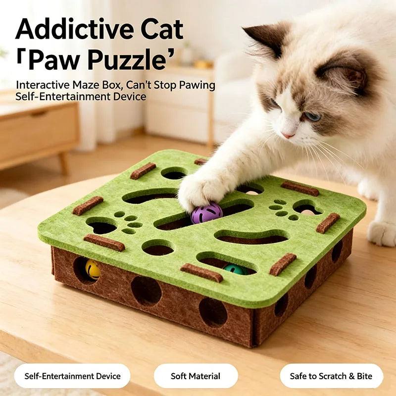A light brown cat is interacting with a green puzzle box toy designed for cats.