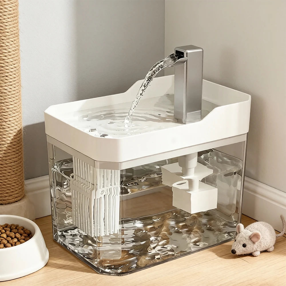 A clear cat water fountain with a white base and recirculating pump is shown on a wooden surface.